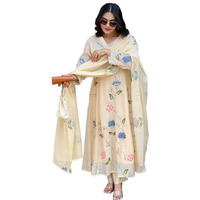 Toochki Women's Muslin Anarkali Embroidered With Printed Kurta With Palazzo And Dupatta Beige