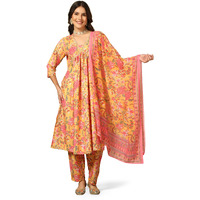 Greciilooks Women Semi Cotton Alia Cut Regular Fit Kurta Set (Yellow, Small)