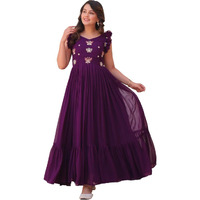 Xomantic Fashion Womens Red Color Multi Thread Embroidery Georgette Long Full Flair Gown Festival Wear Gown (In, Alpha, M, Regular, Standard, Wine)