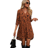 Greciilooks Western Dress For Women| Leopard Printed Rayon Western Dress| V Neck Low Hem Tunic Dress| Rolled Long Sleeve Western Dress| Sumner Wear| Outdoor Wear (Small, Brown)