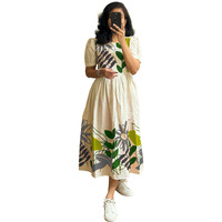 Shasmi Floral Print Midi Dress, Round Neck, Puff Sleeves, Beige With Green And Grey, Fit And Flare (Dress 188 Beige Green-S)