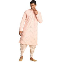 Vastramay Men's Pink And White Georgette Kurta And Dhoti Pant Set | Mirror Work Georgette Kurta With Dhoti Pant