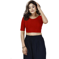 Oomph! Women's Indian Ethnic Wear Designer Solid Pattern Boat Neck Half Sleeve Indian Red Color Lycra Readymade Blouse For Saree Or Lehnga And Fusion Twist. S