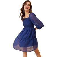 Rare Women's Chiffon Fit And Flare Above The Knee Casual Dress (Ep7105_Navy Blue_S)