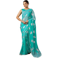Satrani Women's Georgette Foil Printed Lace Work Saree With Unstitched Blouse Piece (4443S333N_Turquoise)