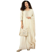 Varanga Women Thread Embroiderd Zari Yoke On The Kurta Paired With Solid Sharara And A Lace Detailing On Dupatta
