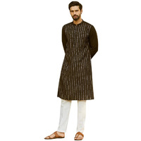 See Designs Men Full Sleeve Black And Gold Chanderi Silk Sequins Mandarin Collar Side Slit Kurta With Pyjama - Sdkt242701S