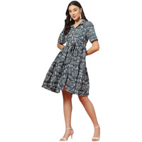 Stylum Women's Bagru Printed Cotton Flared Dress (Drsbluemax36_Blue, S)