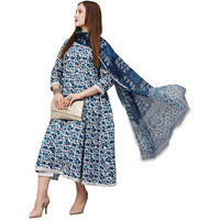 Anni Designer Women's Cotton Blend Anarkali Printed Kurta With Pant & Dupatta (Yutika Blue-Nw_Xxl_Blue_Xx-Large)