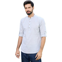 See Designs Men's Roll-Up Sleeve Mandarin Collar Men Light Gray Pure Cotton Short Kurta - Sdkt2966L