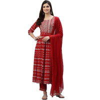 Stylum Women's Printed & Embroidered Rayon Anarkali Kurta Pant Dupatta Set (Kpdredchamki38_Red, M)