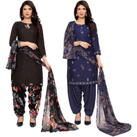 Yashika Women's Crepe Dress Material Set For Women | Unstitched Printed Fabric For Kurta Bottom & Dupatta (Ys-Black Flower-Kundan Navy)
