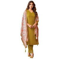 Sanisa Women's Cotton Blend Sequence Embroidered Fabric Lace Straight Kurta With Pant And Dupatta Set (206Kbd2188N-Xl_Mustard Yellow)