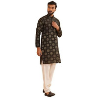 Sojanya (Since 1958 Men's Silk Blend Printed Black Kurta & Off White Churidar Pyjama Set