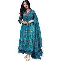 Gosriki Women's Rayon Viscose Anarkali Printed Kurta With Palazzo & Dupatta (Cia Sky Blue-Gs_S_Sky Blue_Small)