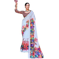Satrani Women's Cotton Linen Zari Border Printed Saree With Unstitched Blouse Piece (4301S107N_White & Multi1)