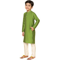 Kisah Kid's Cotton Full Sleeves Regular Fit Knee Length Solid Green Kurta (7-8Y)