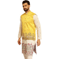 Sojanya (Since 1958 Men's Silk Blend Exquisite Daman Embroidered Yellow Nehru Jacket