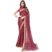 Yashika Womens Georgette Saree With Lace Border | Checkered Geometric Digital Printed Saree For Women (Az-Ys-P1-Pranita Maroon)