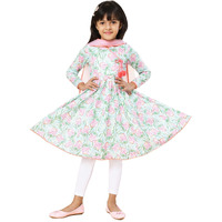 A.T.U.N. (All Things Uber Nice) Girls Printed Angrakha Pure Cotton Kurta With Leggings & Dupatta