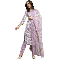 Stylum Women's Floral Printed Cotton Straight Kurta Pant Dupatta Set (Kpdlavendershina38_Lavender, M)