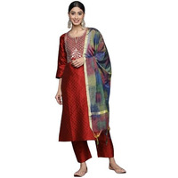 Varanga Women Round Neck Yoke Embroidered Straight Kurta Paired With Tonal Bottom And Printed Dupatta