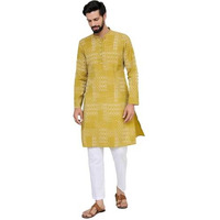 See Designs Men's Full Sleeve Mandarin Collar Mustard Embossed Printed And Foil Printed Straight Kurta - Sdkt2921S