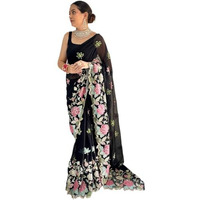 Flosive Women's Embroidered Bollywood Georgette Saree (Black.)