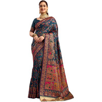 Satrani Women's Silk Kashmiri Minakari Weaving Saree With Unstitched Blouse Piece (4314S605N_Rama Blue)