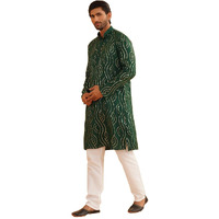 Sojanya (Since 1958 Men's Embroidered Sequinned Cotton Dark Green Kurta With Churidar Pyjama Set