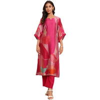 Varanga Women Fuchsia Pink Abstract Printed Straight Kurta With Trousers  Stylish Ethnic Set