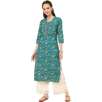 Varanga Womens Turquoise Blue Floral Printed Straight Kurta  Elegant, Comfortable, And Stylish For Women (Small)