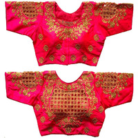 Vihu Fashion Women's Silk Floral Half Sleeve Blouse (Checks Mix_Dark Pink_38)