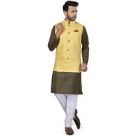 Be Active Men's Solid Linen Blend Kurta Pyjama 3 Piece Set || Men Kurta Pajama With Modi Jacket || Kurta Pajama Nehru Jacket For Men (Rfset0004-4-S)