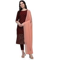 Fiorra Women's Maroon Poly Crepe Straight Kurta With Pant And Dupatta Set0031-2Xl