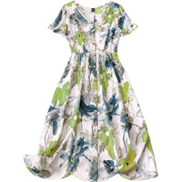 Gufrina Women's V-Neck Short Sleeve Ink Flower Print Dress - Button-Up A-Line Midi Dress (Green Xl)