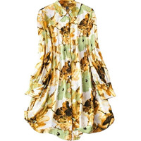 Gufrina Women's Rayon Dress With Long Puff Sleeves Mandarin Collared Neck Tie Die Printed A-Line Style Regular Fit And Knee Length Yellow