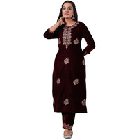 Ishin Women's Velvet Ethnic Motifs Zari Maroon Straight Kurta Suit Set With Trousers & Dupatta