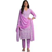 Ishin Women's Ethnic Lilac Embroidered Pure Cotton Kurta Set With Dupatta