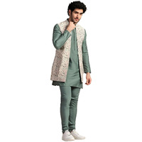 Kisah Men's Kurta Jacket Churidar Set, Multi Cotton Blend, Printed Regular Fit Mandarin Collar Full Sleeves Multicolour|40