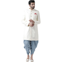 Kisah Men's Indo-Western Sherwani Dhoti Set, White Jacquard Woven Design Mandarin Collar Full Sleeves Regular Fit (L)