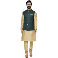 Kisah Men's Kurta Jacket Churidar Set, Green Cotton Blend, Solid Regular Fit Mandarin Collar Long Sleeves (Xl)