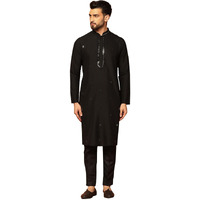 Kisah Men's Black Kurta Trouser Set Cotton, Full Sleaves, Knee Length, Straight, Regular Fit, Mandarin Collar Ethnic Wear