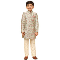 Kisah Boys Sherwani Set Indo-Western Silk Blend Jacquard Design Indo-Western Sherwani Pajama Set For Kids, Green, 7-8 Years