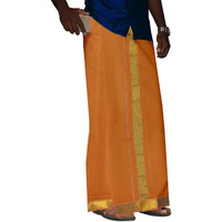 Prakasam Cotton Men's Kaavi Colour 2 Inch Gold Jari Border Welcro Pocket Dhoti/Size Hip -46 Inches- Length- 42 Inches