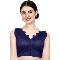 Pujia Mills Women's Multicolor V Neck Heavy Phantom Silk Sleeveless Readymade Blouse (Sleeves Attached Inside) (Navy Blue, 38)