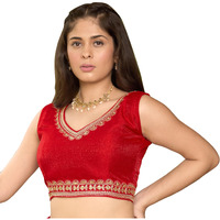 Pujia Mills Women's Heavy Milan Silk Sequin Embroidered V Neck Sleeveless Readymade Saree Blouse Indian Ethnic Designer Stitched Readymade Sequence Saree Blouse Sleeveless Red Blouse For Women, 32