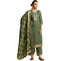Sanisa Women's Velvet Sequins Embroidery Straight Kurta With Pant And Dupatta Set (214Kbd2261N-S_Olive Green)