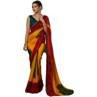 Satrani Women's Georgette Bandhani Printed Saree With Unstitched Blouse Piece (4132S131N_Yellow & Red & Dark Green)