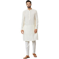 See Designs Men's Long Sleeve Mandarin Collar Side Slit Cream Embroidered Pure Chanderi Silk Straight Kurta - Sdkt2550L